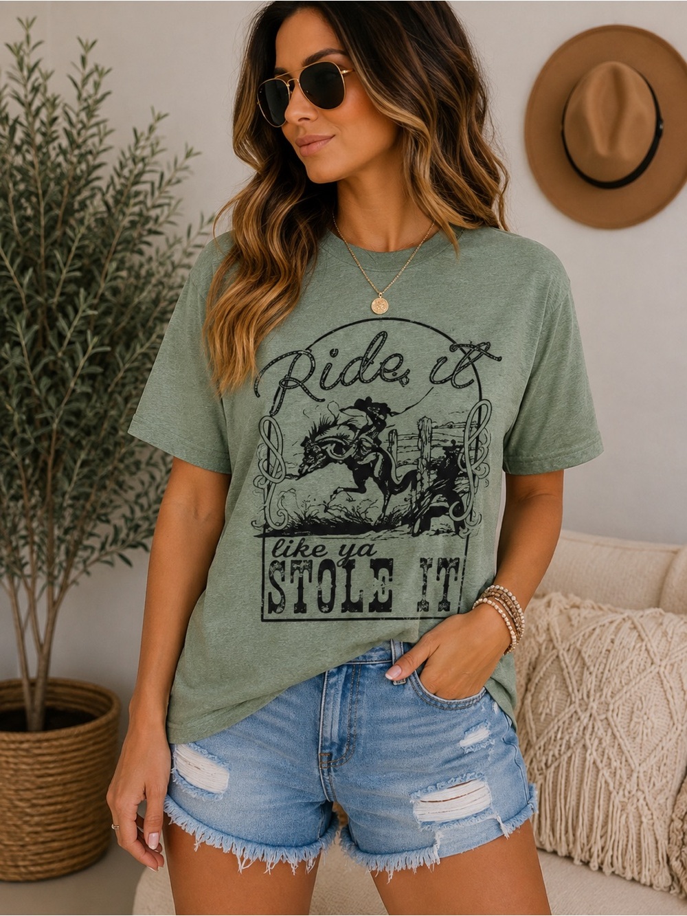‘Ride it Like Ya Stole It’ Graphic Tee - Olive Green